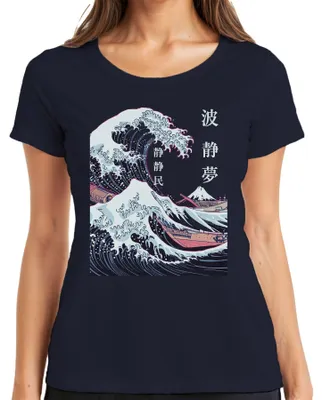 Productafbeelding van Japans golfmotief, berg Fuji, Kanagawa, Ukiyo-e, retro, Japan, Y2K, oceaan, dames T-shirt, marineblauw, maat S