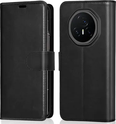 A black flip case for a smartphone is shown from two angles.