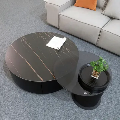 Produktbild von 360Home Steinplatte runder Couchtisch Glasbeistelltisch-Set Schwarz