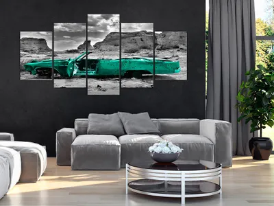 Produktbild von Akustikbild Wüste Auto 200x100 cm 5-teilige Bilder Akustikschaum Hochleistungsschallabsorber Schallschutz Leinwand 5 tlg Wandbild Raumakustik Schalldämmung c-A-0065-b-n