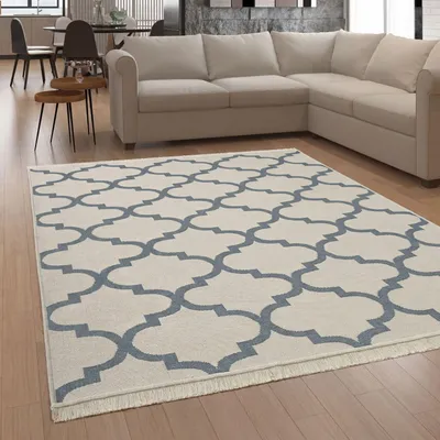 Produktbild von Teppich Wohnzimmer Waschbar Orientalisch Fransen Wendbar Grau Creme Grösse 60x90 cm