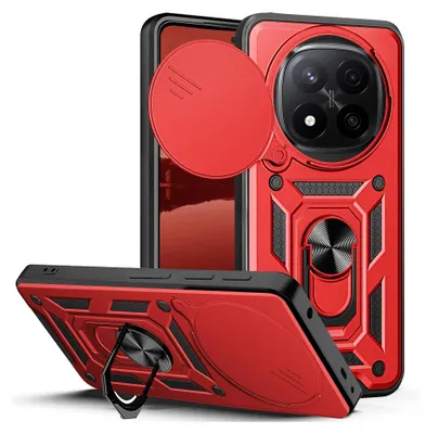 A red and black armor phone case with a camera lens cover and a ring stand, shown from multiple angles.