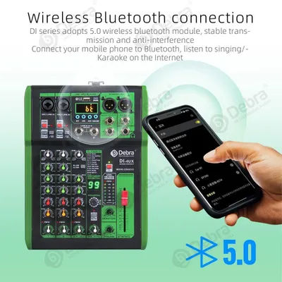 Imagen del producto de Mezclador de DJ Debra de 4 canales, con 99 efectos DSP, entrada USB/MP3, alimentación fantasma de 48V. Ideal para DJ, karaoke y estudio