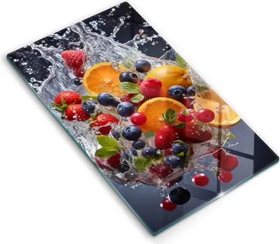 Produktbild von Glasschneideplatte - Herdabdeckplatte - 30x52 cm - Schneidebrett - Spritzschutz - Obst in Wasser