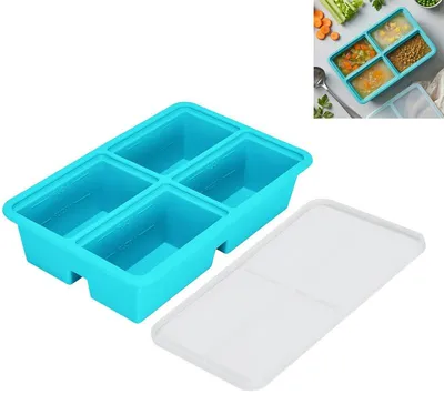 Produktbild von Silikon Gefrierform 4 Fächer 250 ml mit Deckel Meal Prep Box Edelstahlrahmen stapelbar für Suppe Sauce Babybrei Küche