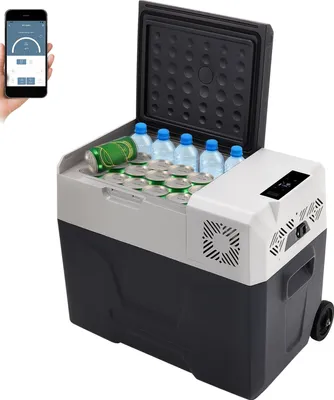 A portable cooler filled with cans and bottles is shown, with a smartphone in the foreground displaying a temperature control interface.