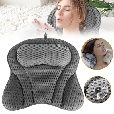 Obrázok produktu pre Podložka do vane – s sieťovinou – na podporu hlavy a krku – s prísavkami – relaxačné príslušenstvo do kúpeľne – sivá farba