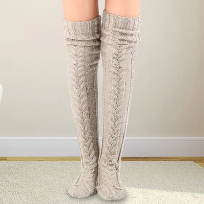 Produktbild von Damen Overknee Stockings Lang Socken Stricke Strümpfe Leggings Kniestrumpf Grau