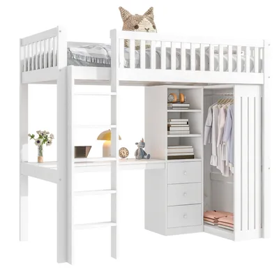 Produktbild von Hochbett mit Schreibtisch, Schubladen, Kleiderschrank, Regal und Rausfallschutz, 90x200 cm, Kinderbett, Kiefer