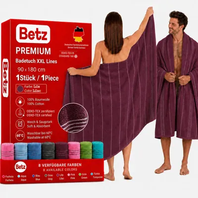 Produktbild von Betz Badetuch XXL Lines 90x180 cm – 100% Baumwolle, weich & saugstark – Strandtuch für Urlaub, Pool, Sauna, Outdoor – modernes Streifendesign - lila