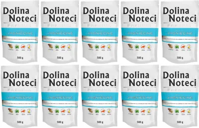 A grid of identical dog food pouches.