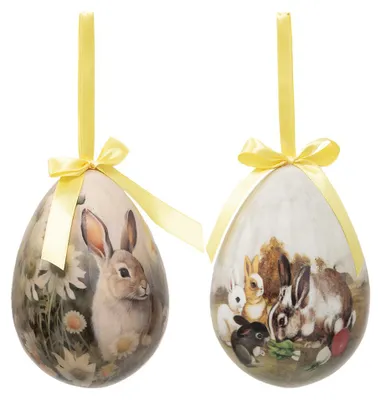 Imagen del producto de Clayre & Eef. Set de 2 colgadores de Pascua con forma de huevo, diámetro 11x15 cm, varios colores, plástico, conejito