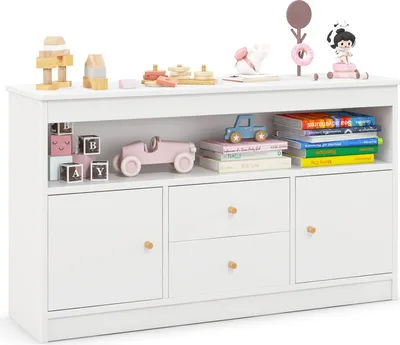 Produktbild von DREAMADE Kinder Bücherregal, Spielzeugschrank mit offenes Fach, 2 Schubladen & 2 Türschränke, hölzerner Aufbewahrungsschrank mit 2 Kippsicherungen