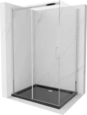 Produktbild von Mexen Omega ausziehbare Duschabtrennung 100 x 80 cm, Transparent, Chrom + Duschwanne Flat, Schwarz - 825-100-080-01-00-4070