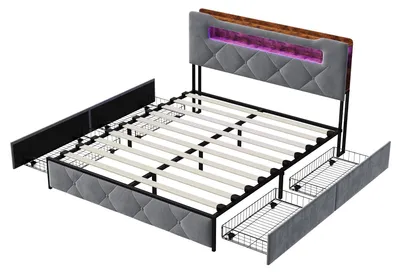 Produktbild von Bett mit Stauraum - Polsterbett 140x190 cm - 4 Schubladen - LED-Kopfteil mit USB - Samtbezug - 250 kg belastbar - Grau