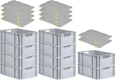 Produktbild von SparSet 10x Eurobox NextGen Grip mit Auflagedeckel inkl. 4 gelben Schiebeschnappverschlüssen | HxBxT 22x40x60cm | 44 Liter | Grau | Griffe offen | Verstärkter Boden | Eurobehälter, Transportbox, Transportbehälter, Stapelbehälter