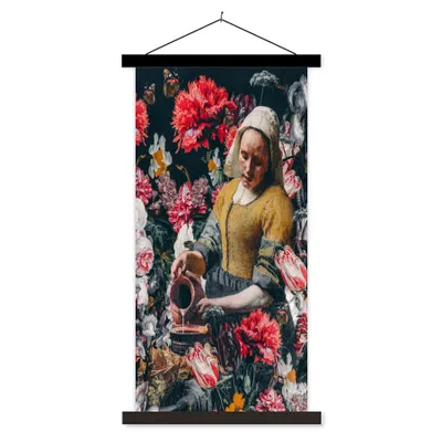Produktbild von MuchoWow® Textilposter Milchmädchen - Vermeer - Blumen 40x80 cm mit schwarzem Rahmen - Wandemalerei