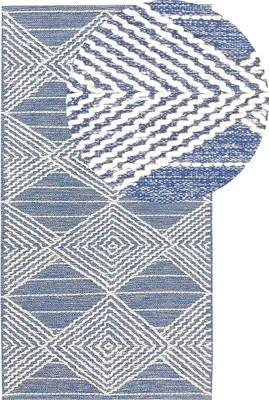 Produktbild von BELIANI Teppich Hellbeige u. Blau Wolle Rechteckig 80 x 150 cm Geometrisches Muster Handgewebt Boho Skandinavisch Kurzflor Wohn- und Schlafzimmer