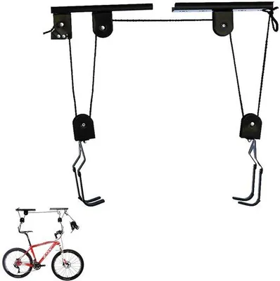 Image de Système de suspension pour vélo - avec crochet - Système de levage pour vélo au plafond - avec poulie - Système de suspension universel pour vélo - crochet pour vélo - support pour vélo