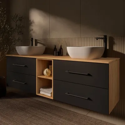 Produktbild von Planetmöbel LUX Badmöbel-Set Waschbecken mit Unterschrank 170 cm Gold Eiche/Anthrazit hängend & 2 Aufsatz-Waschbecken 42 cm Weiß