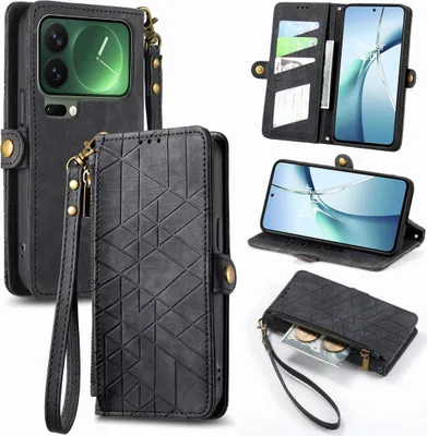 Produktbild von Für Xiaomi 17 Pro Geometric Kunstleder Zipper Book Wallet Hülle Tasche Schwarz