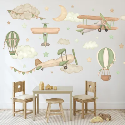 Produktbild von Sticker Wandaufkleber für Kinderzimmer – Kinderzimmer-Dekoration – Wandaufkleber für Kinderzimmer Jungen, Mädchen – Flugzeuge, Luftballons, Sterne, Wo