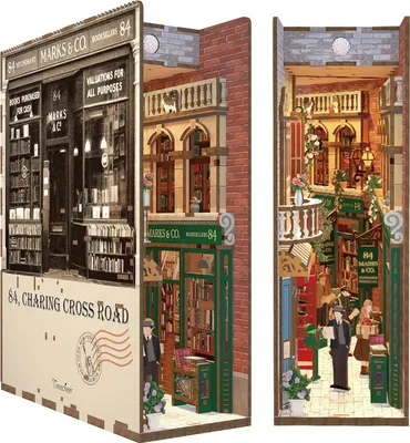 A diorama of a bookstore scene, with a detailed facade and interior.