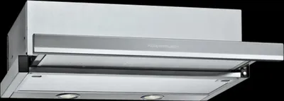 A stainless steel range hood against a black background.