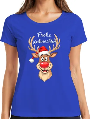 Produktbild von Frohe Weihnachten Rentier Rudolph Rotnase Nikolaus Mütze Lustig Damen T-Shirt, Blau, 3XL