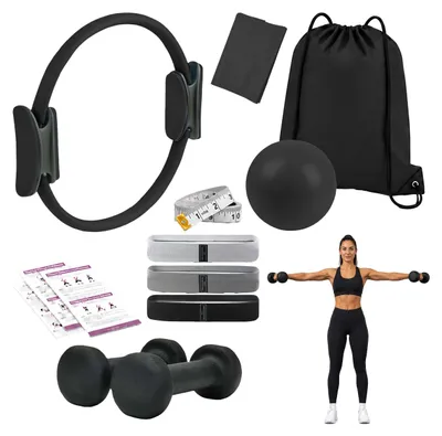 Productafbeelding van Relaxdays Pilates Set, 11-delig, inclusief ring, bal, 4 weerstandsbanden, 2 gewichten, tas. Pilates accessoires voor thuis, zwart
