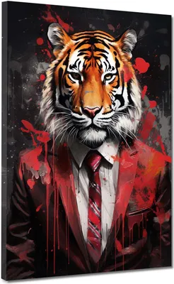 Produktbild von Tiger im roten Anzug Pop Art Leinwandbild Wandbild Kunstdruck XL Wanddeko: 30x40x2cm