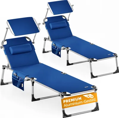 Produktbild von CASARIA® 2er Set Sonnenliege Klappbar Wetterfest Alu Gartenliege Mit Dach Seitentasche Kissen Liegestuhl Leicht Garten Relaxliege Pool 2 Personen Blau