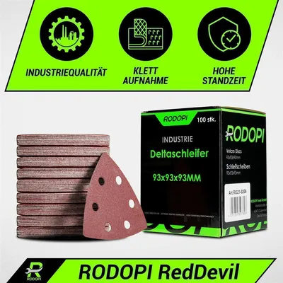 Produktbild von RODOPI RedDevil Schleifdreiecke für Deltaschleifer Körnung K180 Zirkonium Korund Klett 93x93x93mm Delta Schleifpapier 6 Loch für Dreieckschleifer