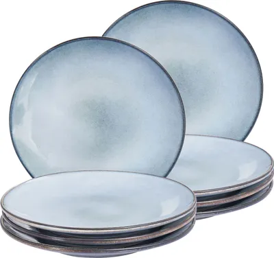 Produktbild von BELIANI Speiseteller Set Hellblau Steinzeug Ton und Kaolin für 8 Personen Rund ⌀ 28 cm mit Braunem Rand Rund Handgefertigt Retro Geschirr Set