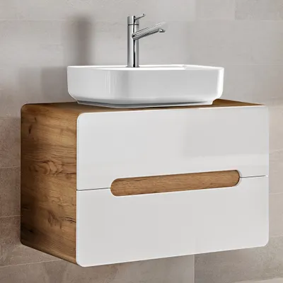 Produktbild von Waschtisch Set mit Keramik-Waschtisch LUTON-56 Hochglanz weiß mit Wotan Eiche Nb. B/H/T ca. 80/67/46 cm
