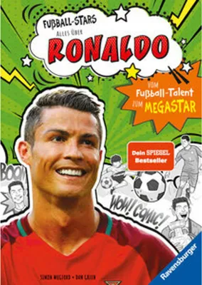 Cover of a book about Cristiano Ronaldo, featuring his portrait and comic-style illustrations related to football.