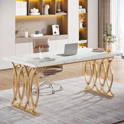 Produktbild von Schreibtisch Computertisch 160 x 80 x 75 cm Weiß Gold Kunstmarmor Metall