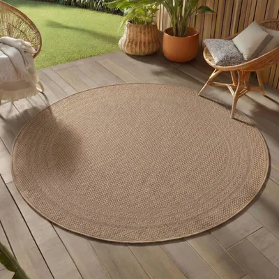 Image de Teppium Tapis Rond Extérieur 80 cm Beige Résistant UV Uni Bordure