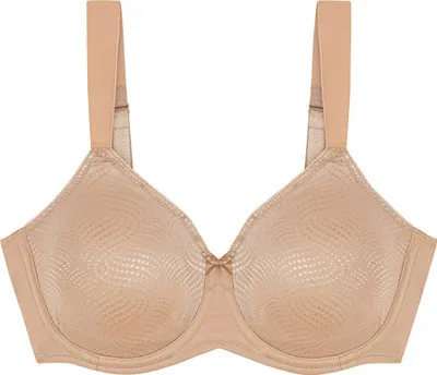 A studio shot of a beige bra against a white background.