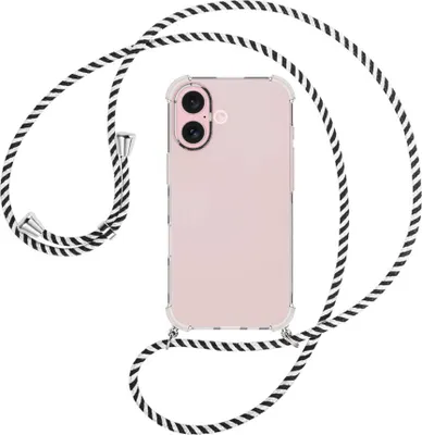 Produktbild von Handykette Backcover-Schutzhülle mit Band (Metall silberfarben) für iPhone 16 - schwarz/weiß gestreift