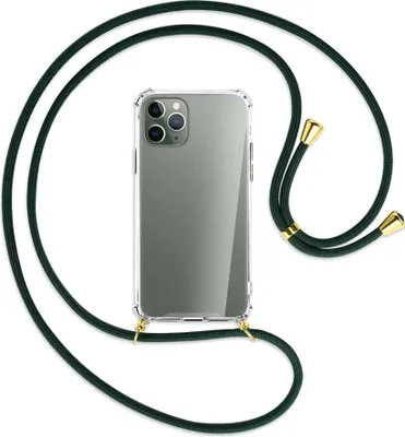 Produktbild von Handykette Backcover-Schutzhülle mit Band (Metall goldfarben) für Apple iPhone 11 Pro - dunkelgrün