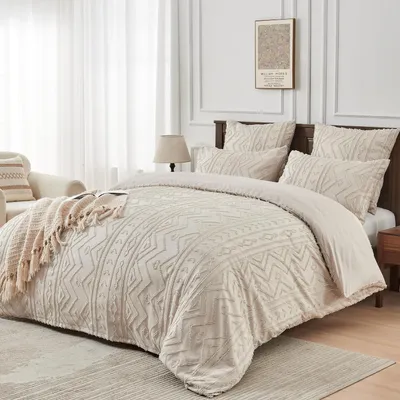 Obrázok produktu pre Sada posteľnej bielizne 220x240 cm, béžová, 3-dielna, mikrovlákno, s geometrickým vzorom, pruhovaná, so zipsom a 2 vankúšovými obliečkami 80x80 cm