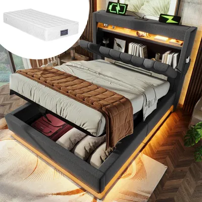 Produktbild von Polsterbett Grau 90x200 cm mit LED, USB/Type-C, hydraulischem Stauraum & Kopfteil, Leinen, inklusive Matratzeatratze.