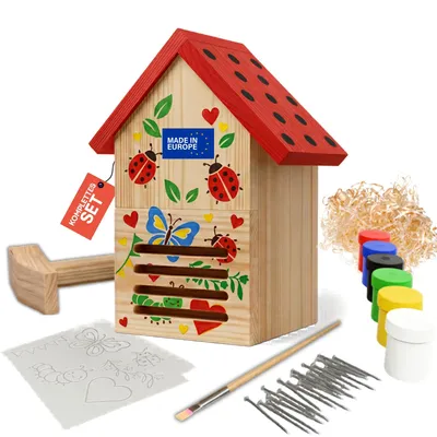 Produktbild von Eli® Marienkäferhaus Bausatz für Kinder aus Kiefernholz zum Bemalen – inkl. 6 Farben - Pinsel - Hammer - Nägel - Schablonen & Vorlagen zum bemalen