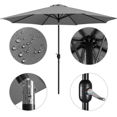 A collage of images showing different details of a gray patio umbrella.