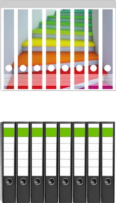Produktbild von Wallario 8 Stück schmale Ordner inkl. Klebeetiketten mit Motive Bunte Treppe -  Set mit Rückenschildern / Ordnerrücken Stickern