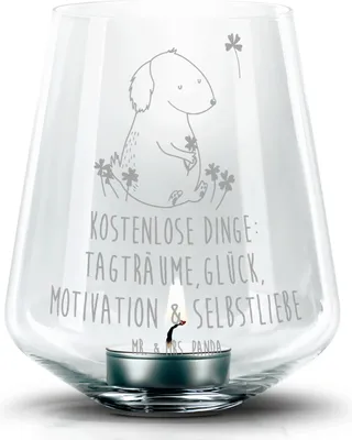 Produktbild von Mr. & Mrs. Panda Windlicht Glas Hund Kleeblatt - Transparent - Geschenk, gravur, Motivation, Gratis, Kerzenhalter, Laterne, Teelichthalter, Sprüche, Achtsamkeit, Glück