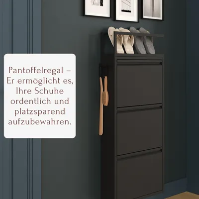 Produktbild von Furni24 Schuhschrank Schmal mit 3 Klappen, Pantoffelregal und Hakenleiste – Metall Schuhkipper Schwarz