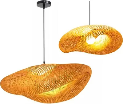Two woven bamboo pendant lights are displayed against a white background.