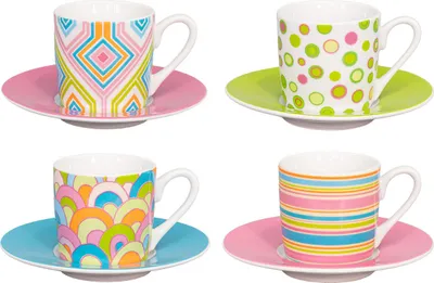 Produktbild von tea4chill Könitz Espresso Tassen Set Spring Time. 4 Kaffeetassen 65ml aus Fine Bone China Porzellan. Espressotassen modern, bunt